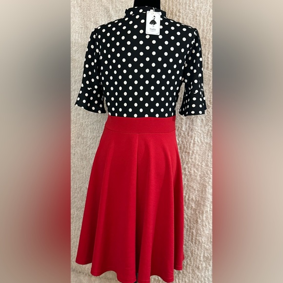Ranphee- Retro, Polka dot black and white dress with red skirt. Ruffle Sleeve. - Picture 9 of 9